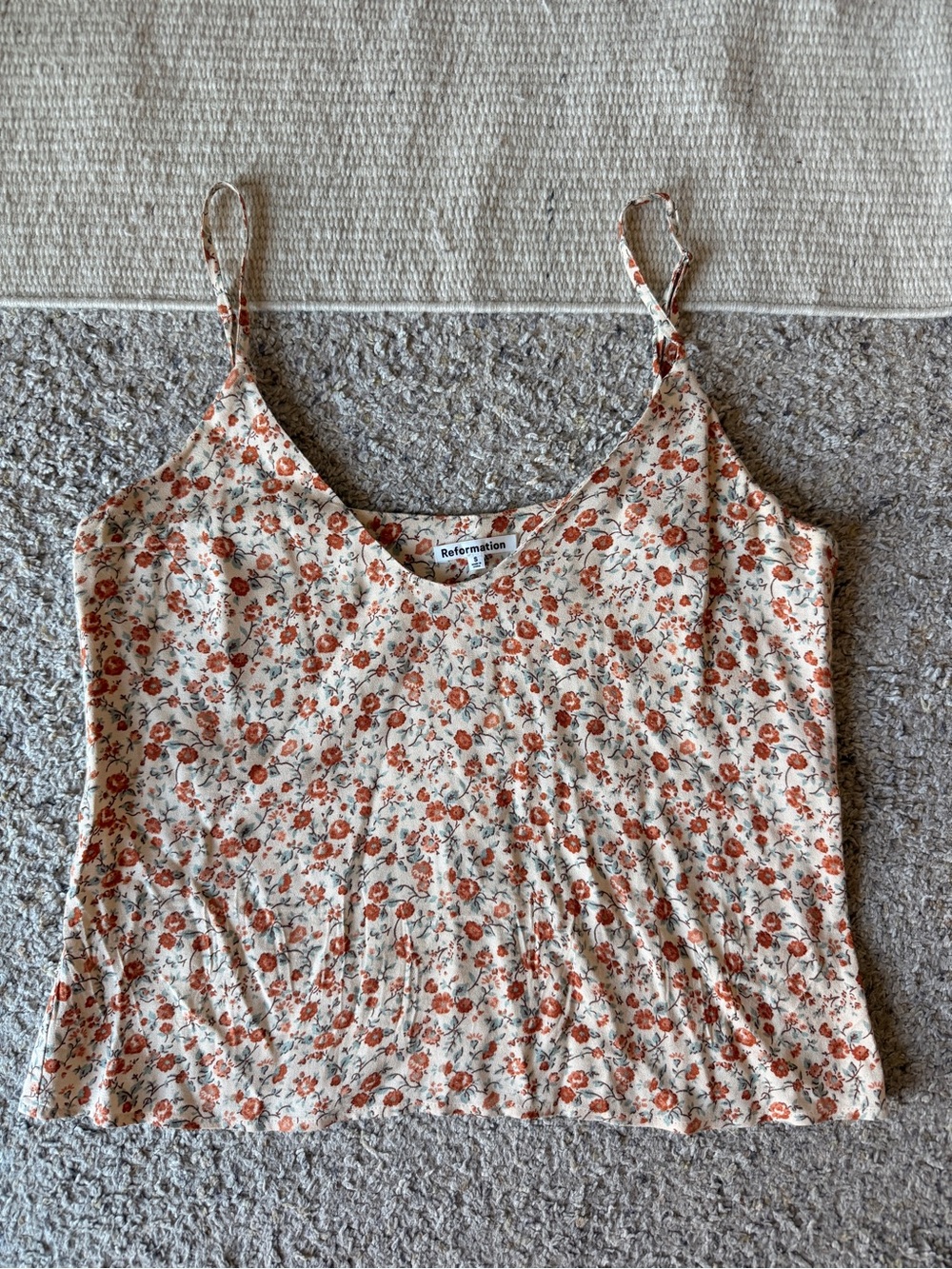 Reformation Cream Floral Spaghetti-Strap Camisole with Rust Print